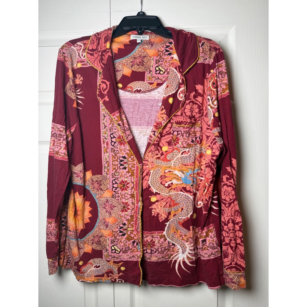 Johnny Was Dragon Print Pajama Top Pima Cotton Modal Burgundy Large PJ Shirt‎